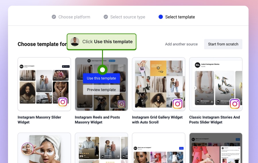 Selecting template for the instagram hashtag widget