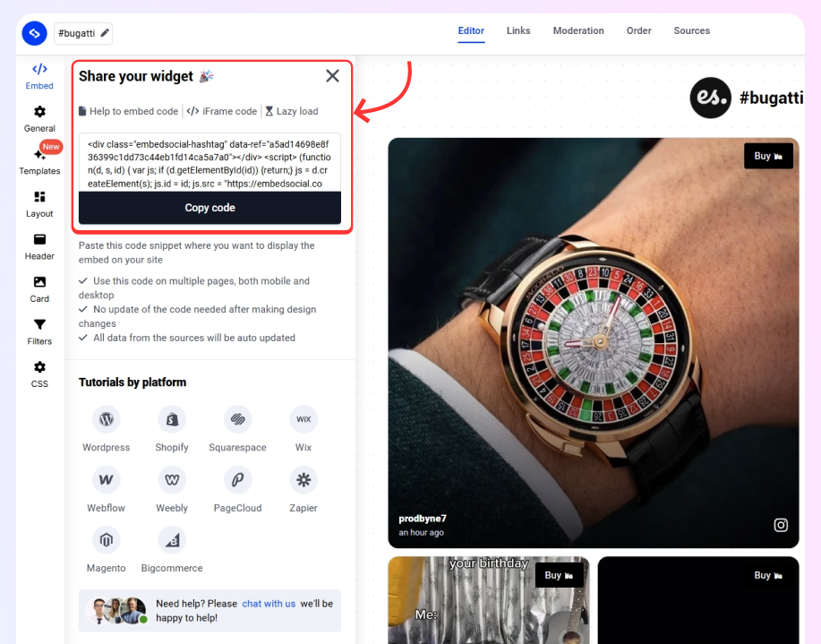 copying the embeddable code in the embedsocial widget editor