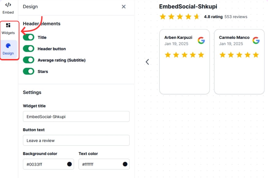 customizing your free google reviews widget in embedsocial