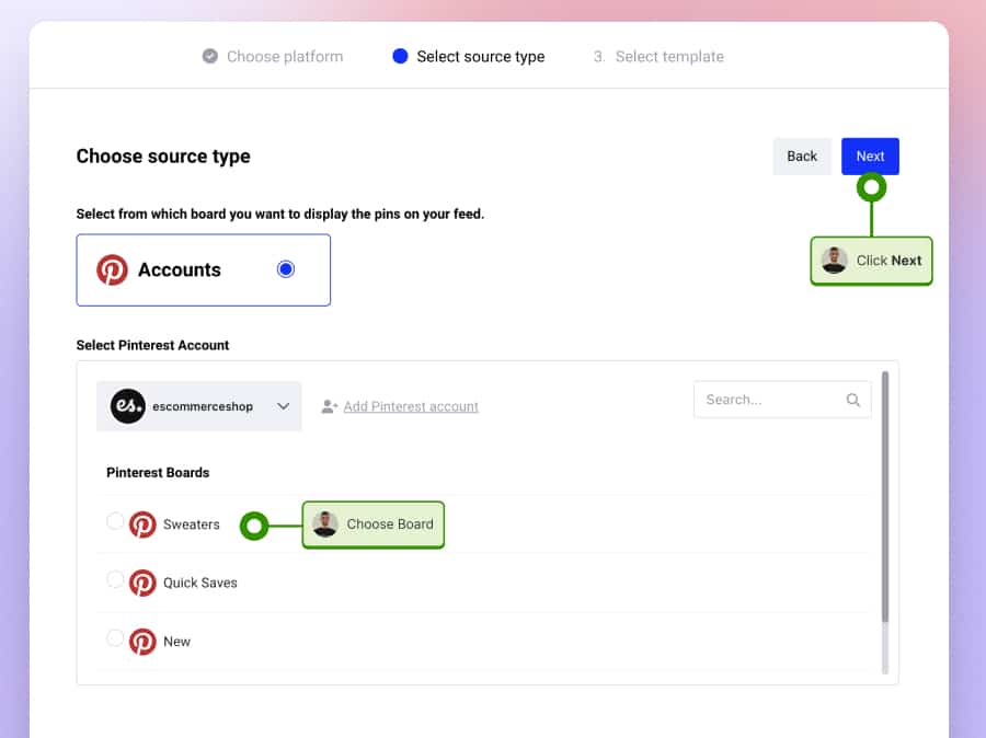 Select which Pinterest board you want to embed