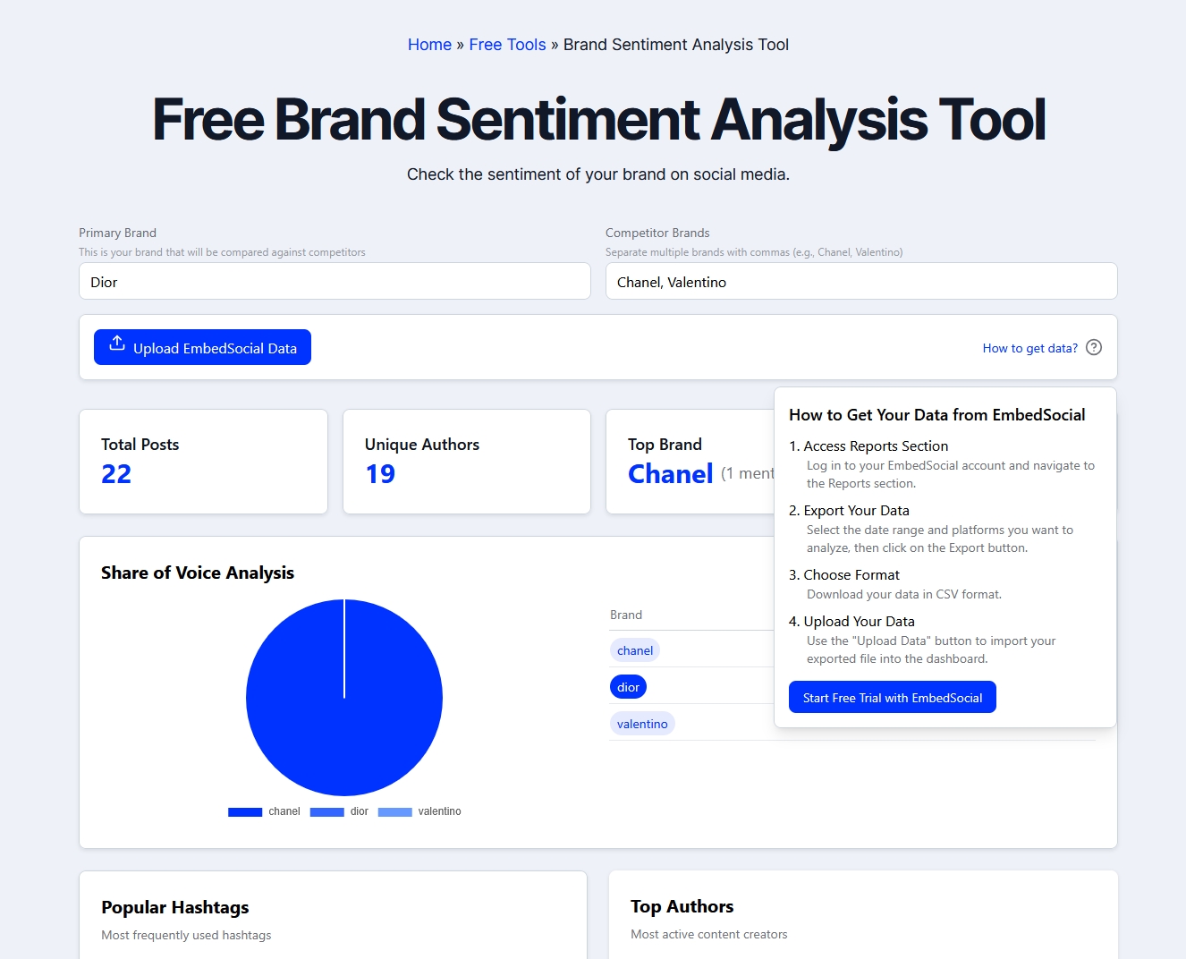 embedsocial free brand sentiment analysis tool landing page