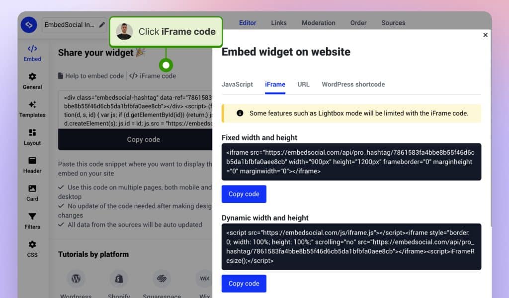 Embed social media feeds with iframe code