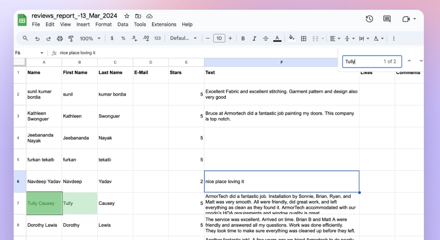Download Google reviews to search for customer names