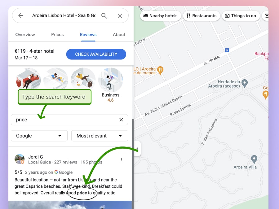 type word and search Google reviews