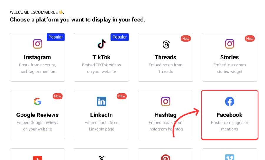 Select Facebook as a Source to embed Facebook reels