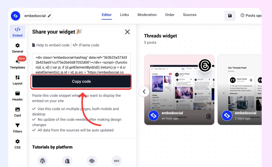 Embed Threads widget on any website copy code step