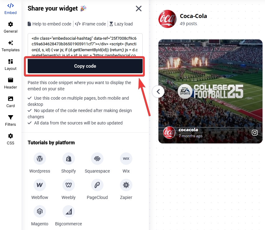 copying embeddable widget code in embedsocial