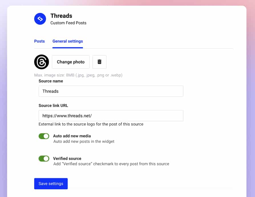 Source settings for Threads